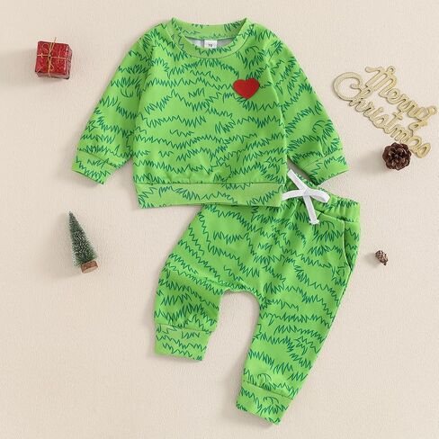 Baby Boy Christmas Outfits Heart Animal Green Long Sleeve Sweatshirt Pants Set Toddler Infant Christmas Clothes in Saudi Arabia