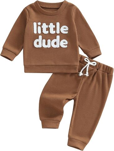 MERSARIPHY Toddler Baby Boy Clothes Waffle Knit Outfit Mama's Boy Little Dude Sweatshirt tops Pants Set Fall Winter Clothing in Kuwait