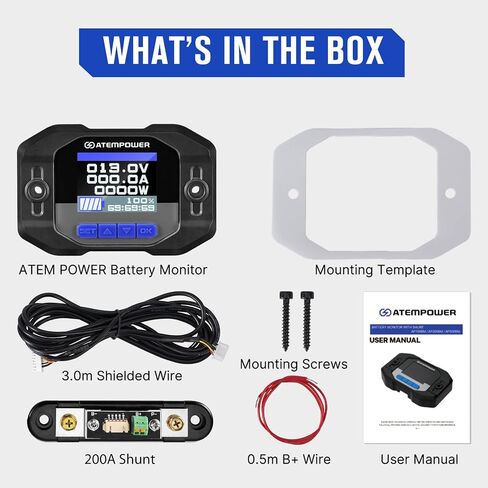 ATEM POWER 12V 500A Battery Monitor with Shunt Wire 12V Battery High Low Voltage RV Battery Monitor Real-time Monitor Voltage Current Watt Compatible with 12V Lithium, Lead-Acid, AGM, Gel Batteries in Saudi Arabia