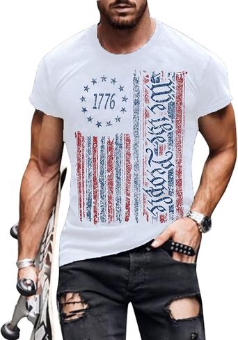 SECETKET نحن الشعب الأمريكي 1776 قميص الرجال المتعثرة العلم الأمريكي الوطني قصيرة الأكمام يوم الاستقلال تي شيرت in Kuwait