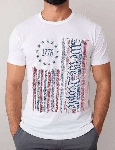 SECETKET نحن الشعب الأمريكي 1776 قميص الرجال المتعثرة العلم الأمريكي الوطني قصيرة الأكمام يوم الاستقلال تي شيرت in Kuwait