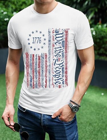 SECETKET نحن الشعب الأمريكي 1776 قميص الرجال المتعثرة العلم الأمريكي الوطني قصيرة الأكمام يوم الاستقلال تي شيرت in Kuwait