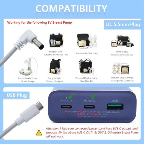 شاحن محول USB 9 فولت لمضخة الثدي المتقدمة Medela Pump-in-Style يستبدل الجزء #67174 أو 920.7010 9207010 (كابل شاحن USB C) in Saudi Arabia
