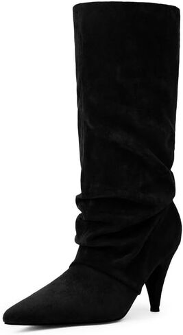 Modatope Slouchy Mid Calf Boots for Women Pointed Toe Chunky Heel Boots Faux Flod Over Slip on Womens Boots in Saudi Arabia