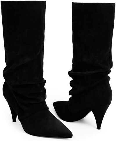 Modatope Slouchy Mid Calf Boots for Women Pointed Toe Chunky Heel Boots Faux Flod Over Slip on Womens Boots in Saudi Arabia