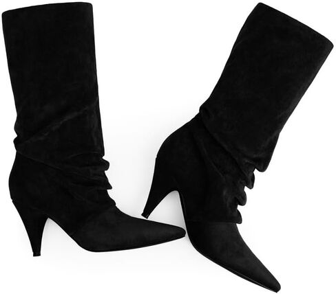 Modatope Slouchy Mid Calf Boots for Women Pointed Toe Chunky Heel Boots Faux Flod Over Slip on Womens Boots in Saudi Arabia