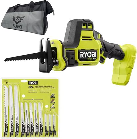 Buho One Handed Reciprocating Saw Accessory Bundle - Ryobi 18V Brushless Cordless Compact One Handed Reciprocating Saw, Multi-Purpose Reciprocating Saw Blade Set 35-Piece Tool Bag Battery Not Included in Kuwait