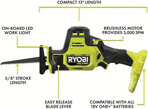 Buho One Handed Reciprocating Saw Accessory Bundle - Ryobi 18V Brushless Cordless Compact One Handed Reciprocating Saw, Multi-Purpose Reciprocating Saw Blade Set 35-Piece Tool Bag Battery Not Included in Kuwait