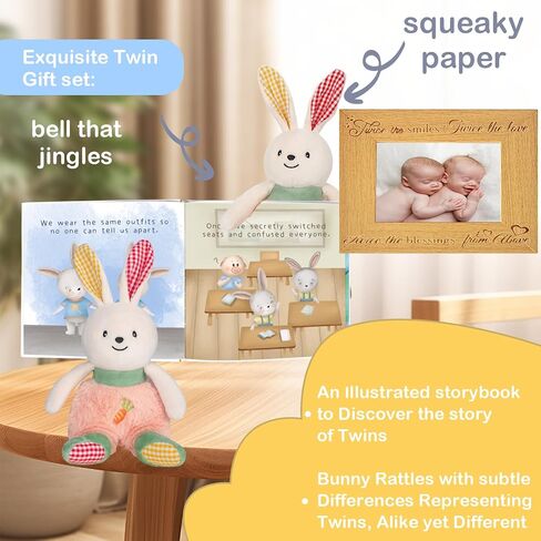 Twin Baby Gifts for Boy and Girl Twin Babies Storybook/Plush Rabbit Rattle 2-Piece Set in Saudi Arabia