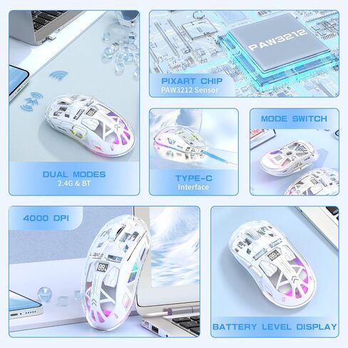 ZIYOU LANG A2 Transparent Wireless Gaming Mouse with Battery Level Display,Bluetooth/2.4G Wireless PC Mice,3D RGB Backlit,5 Million Clicks,PixArt 3212,up to 4000 DPI for Win/MAC,Purple in Kuwait