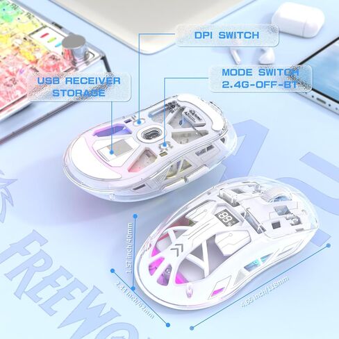 ZIYOU LANG A2 Transparent Wireless Gaming Mouse with Battery Level Display,Bluetooth/2.4G Wireless PC Mice,3D RGB Backlit,5 Million Clicks,PixArt 3212,up to 4000 DPI for Win/MAC,Purple in Kuwait