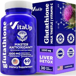 Reduced Glutathione Supplement - USA Made Glutathione Pills 1300mg - L Glutathione with Vitamin C & Milk Thistle - L-Glutathione for Normal Skin Health, Liver & Immunity - 60 Count