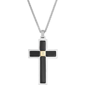 Metro Jewelry Round Cubic Zirconia Two Tone Cross Pendant Necklace for Men in Stainless Steel with Ion Plating or Tiger Eye 24 Inches Long Round Box Chain Lobster Claw