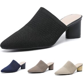 Women’s Knit Mesh Backless Chunky Heel Mules Closed Pointed Toe Slip On Mid Block Heel Dress Pump Sandals Summer Breathable Office Daily Slippers