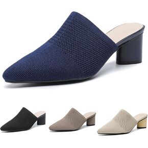 Women’s Knit Mesh Backless Chunky Heel Mules Closed Pointed Toe Slip On Mid Block Heel Dress Pump Sandals Summer Breathable Office Daily Slippers
