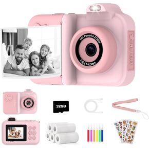 Kids Camera Instant Print,Kids Digital Camera 1080P HD Dual-Lens Selfie,Instant Print Camera with 5 Rolls Paper & 32GB Card,Toddler Camera Christmas Birthday Gifts for Girls Age 3-12(Pink)