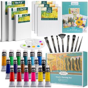 Inburit Art Paint Set for Adults, Painting Supplies Kits with 24 Acrylic Paints (22ml), 8 Brushes, 3 Stretched Canvases, 3 Canvas Panel, Palette, Deluxe Paint Set for Kids, Student and Artist