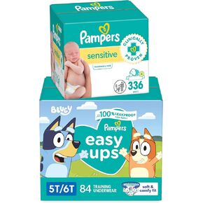 Pampers Easy Ups and Baby Wipes - Pull On Disposable Potty Training Underwear for Boys and Girls, Size 7 (5T-6T), 84 Count, ONE MONTH SUPPLY with Sensitive Wipes, 6X Pop-Top Packs, 336 Count