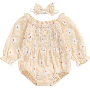 Emmababy Baby Girl Floral Romper Fall Clothes Long Sleeve Bodysuit Off Shoulder Jumpsuit Headbands Set Cotton Linen Outfit