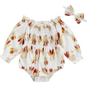 Emmababy Baby Girl Floral Romper Fall Clothes Long Sleeve Bodysuit Off Shoulder Jumpsuit Headbands Set Cotton Linen Outfit