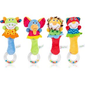 4 Pack Baby Soft Rattles Toys - Infant Sensory Development Hand Grip Toys - Cute Stuffed Animal Handbells - Perfect Baby Gift