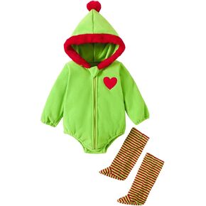 Lamuusaa Newborn Baby Girl Boy Christmas Outfit Warm Long Sleeve Hoodie Romper Zipper Bodysuit Stripe Leg Warmers Set