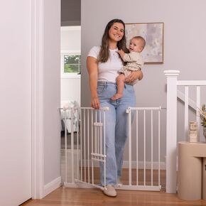 Perma Child Safety 30-inch Tall Extra Wide Metal Baby Gate with Small Pet Door, Easy Fit, Pressure Mounted Fits Openings up to 44-inches, Includes 4-inch and 8-inch Extensions