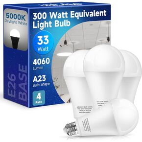 300 Watt Equivalent Light Bulb, 33W LED Light Bulb E26 Daylight 5000K, Super Bright 4060LM, A23 LED Edison Screw Bulb for Garage, Warehouse, Street Backyard, Non-Dimmable, 2-Pack