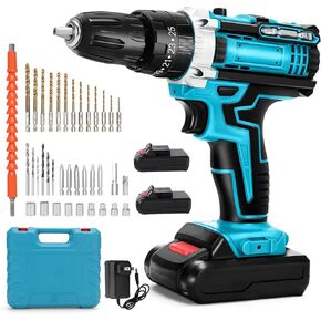 20V Cordless Impact Drill Driver Set with 2x 1.5Ah Battery, 50N.m Brushless Electric Power Drill Set with 25+3 Torque, 2-Variable Speeds, 10mm Drill Chuck, LED Light, 37pcs Driver/Drill Bits