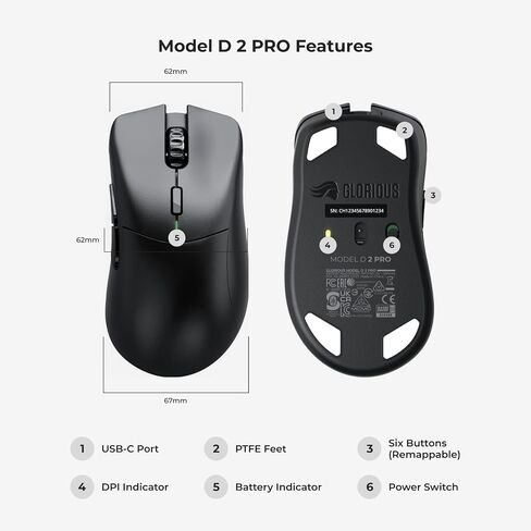 GLORIOUS Gaming Model D 2 PRO Wireless Gaming Mouse - 2.4GHz Wireless 1ms delay, 100M clicks, 60g Ultralight, Long Battery Life, 26K DPI BAMF 2.0 Sensor, Ergonomic, 6 Buttons, PTFE Feet in Kuwait