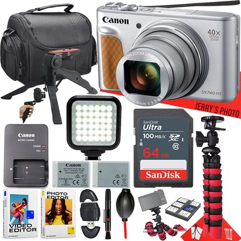 كاميرا Canon PowerShot SX740 HS الرقمية (فضية) + ذاكرة سعة 64 جيجابايت + ضوء LED + بطارية إضافية + برنامج كمبيوتر + حامل ثلاثي القوائم عنكبوت + المزيد (حزمة مكونة من 16 قطعة) (متجددة) in Saudi Arabia