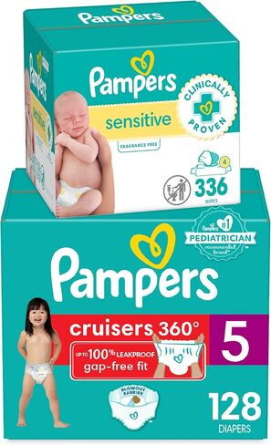 Diapers Size 5, 128 Count and Baby Wipes - Pampers Pull On Cruisers 360° Fit Baby Diapers with Stretchy Waistband, ONE MONTH SUPPLY with Sensitive Wipes, 6X Pop-Tops, 336 Count (Packaging May Vary) in Kuwait