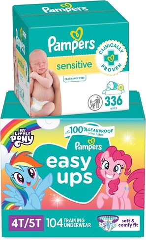 Pampers Easy Ups Pull On Training Pants My Little Pony, 4T-5T, One Month Supply (104 Count) with Sensitive Water Based Baby Wipes 4X Pop-Top Packs (336 Count) in Saudi Arabia