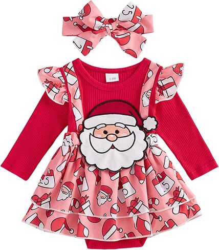 Baby Girl Christmas Outfit Santa Gingerbread Romper Dress Ribbed Long Sleeve Bodysuit Headband Fall Winter Clothes in Saudi Arabia