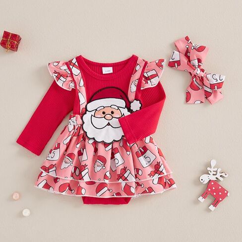 Baby Girl Christmas Outfit Santa Gingerbread Romper Dress Ribbed Long Sleeve Bodysuit Headband Fall Winter Clothes in Saudi Arabia