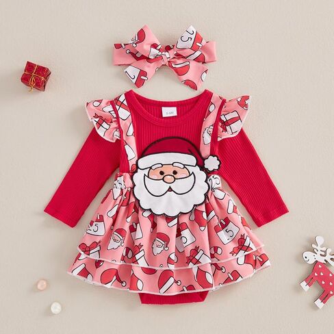 Baby Girl Christmas Outfit Santa Gingerbread Romper Dress Ribbed Long Sleeve Bodysuit Headband Fall Winter Clothes in Saudi Arabia