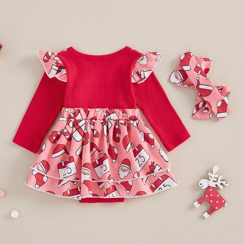 Baby Girl Christmas Outfit Santa Gingerbread Romper Dress Ribbed Long Sleeve Bodysuit Headband Fall Winter Clothes in Saudi Arabia