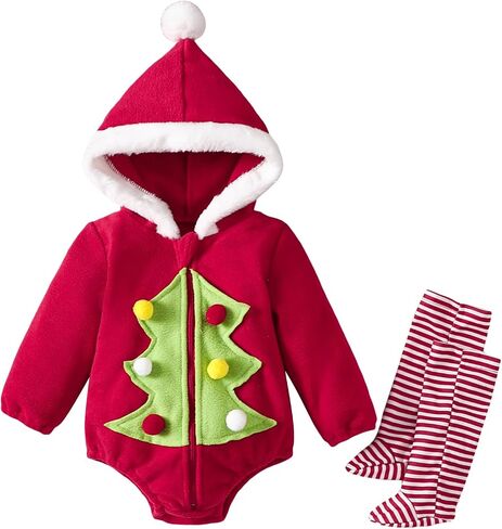 Lamuusaa Newborn Baby Girl Boy Christmas Outfit Warm Long Sleeve Hoodie Romper Zipper Bodysuit Stripe Leg Warmers Set in Saudi Arabia