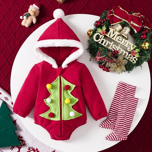 Lamuusaa Newborn Baby Girl Boy Christmas Outfit Warm Long Sleeve Hoodie Romper Zipper Bodysuit Stripe Leg Warmers Set in Saudi Arabia