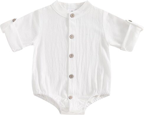 Karuedoo Newborn Baby Boy Clothes Cotton Linen Shirt Bodysuit Button Up Roll Up Long Sleeve Romper Jumpsuit One-Piece Outfit in Saudi Arabia