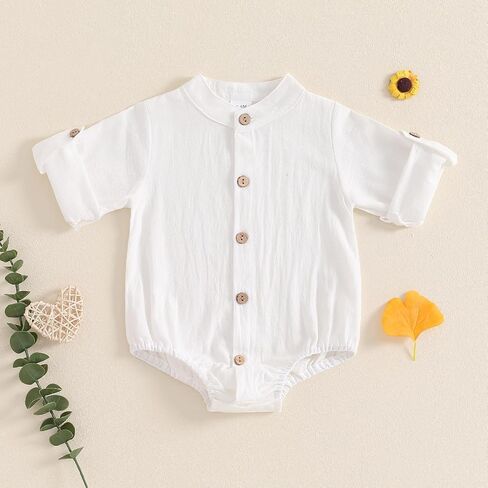Karuedoo Newborn Baby Boy Clothes Cotton Linen Shirt Bodysuit Button Up Roll Up Long Sleeve Romper Jumpsuit One-Piece Outfit in Saudi Arabia
