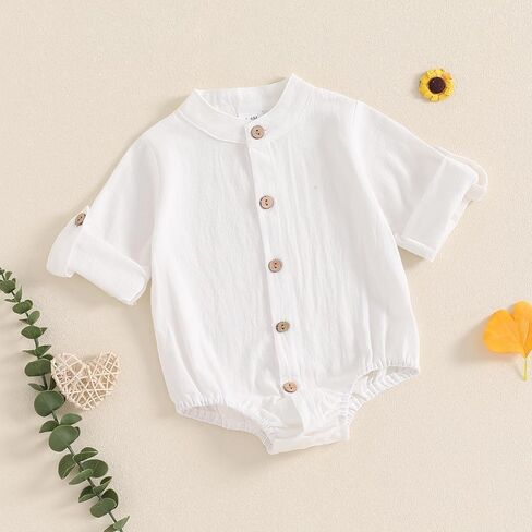 Karuedoo Newborn Baby Boy Clothes Cotton Linen Shirt Bodysuit Button Up Roll Up Long Sleeve Romper Jumpsuit One-Piece Outfit in Saudi Arabia