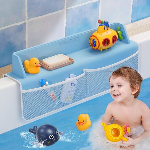 Bathtub Splash Guard, Bath Splash Guard for Tub Kids, 22 Inch Bathtub Play Shelf Area, 8 Suction Cups Attach to Bath Tub, Toy Tray Caddy Holder Storage, Toddlers Bathtub Accessories- Baby Blue in Saudi Arabia