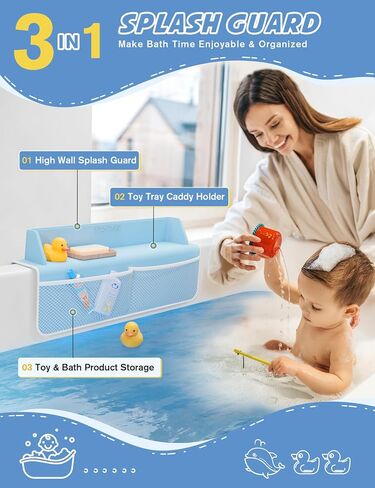 Bathtub Splash Guard, Bath Splash Guard for Tub Kids, 22 Inch Bathtub Play Shelf Area, 8 Suction Cups Attach to Bath Tub, Toy Tray Caddy Holder Storage, Toddlers Bathtub Accessories- Baby Blue in Saudi Arabia