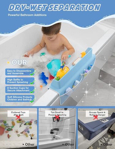 Bathtub Splash Guard, Bath Splash Guard for Tub Kids, 22 Inch Bathtub Play Shelf Area, 8 Suction Cups Attach to Bath Tub, Toy Tray Caddy Holder Storage, Toddlers Bathtub Accessories- Baby Blue in Saudi Arabia