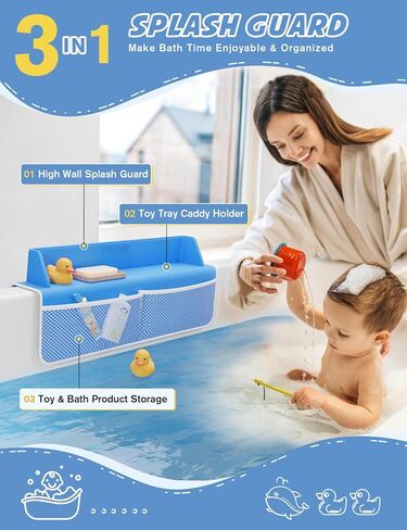 Bathtub Splash Guard, Bath Splash Guard for Tub Kids, 22 Inch Bathtub Play Shelf Area, 8 Suction Cups Attach to Bath Tub, Toy Tray Caddy Holder Storage, Toddlers Bathtub Accessories- Baby Blue in Saudi Arabia
