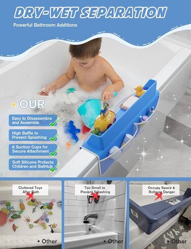 Bathtub Splash Guard, Bath Splash Guard for Tub Kids, 22 Inch Bathtub Play Shelf Area, 8 Suction Cups Attach to Bath Tub, Toy Tray Caddy Holder Storage, Toddlers Bathtub Accessories- Baby Blue in Saudi Arabia