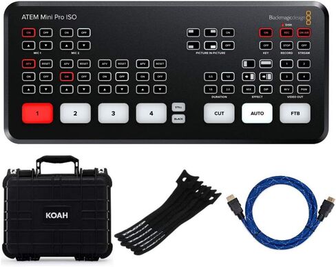 حزمة Blackmagic Design ATEM Mini Pro ISO مع حافظة صلبة مقاومة للطقس، وكابل HDMI عالي السرعة مجدول من النايلون 4K، وخطاف Monoprice 6 بوصة، وربطات كابل تثبيت حلقية (10 عبوات، أسود) (4 عناصر) in Kuwait