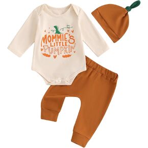 My First Halloween Baby Boy Girl Outfit, Newborn Pumpkin Long Sleeve Romper and Pants Set with Hat 3Pcs Set