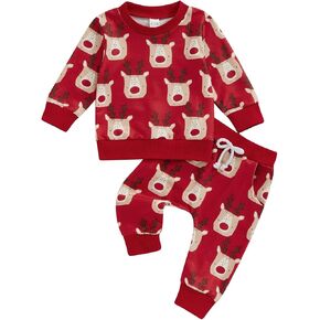 Lamuusaa Toddler Baby Girl Boy Christmas Outfit Long Sleeve Xmas Elk Crewneck Sweatshirt Long Pants Xmas Clothes Set 3M-3T